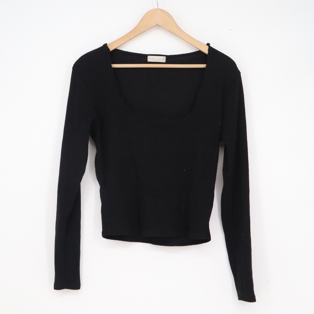 Frankee & Skylarr Black Ribbed Square Neck Long Sleeve Top XL Slim Fit